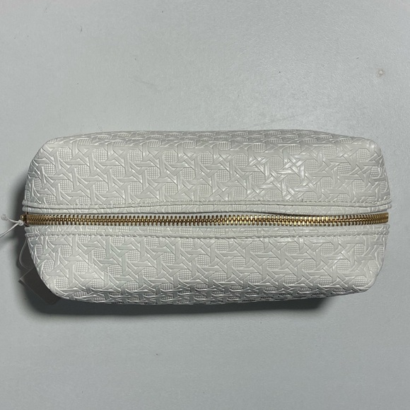 NWT Tory Burch White Basketweave Cosmetic Case Bag Gold Signature Hardware - Picture 3 of 16